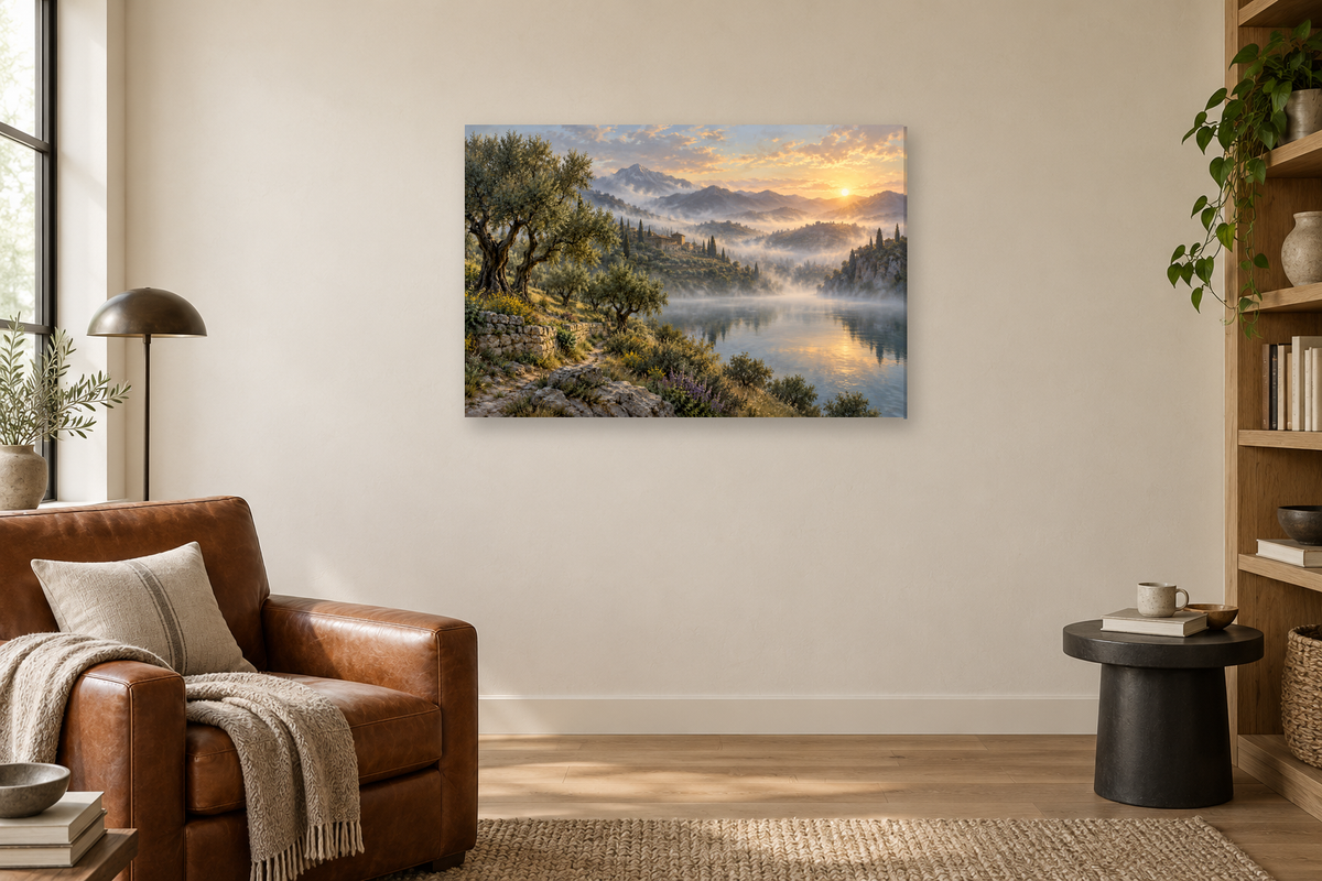 Olive Valley — horizontal canvas in a reading corner, full original artwork