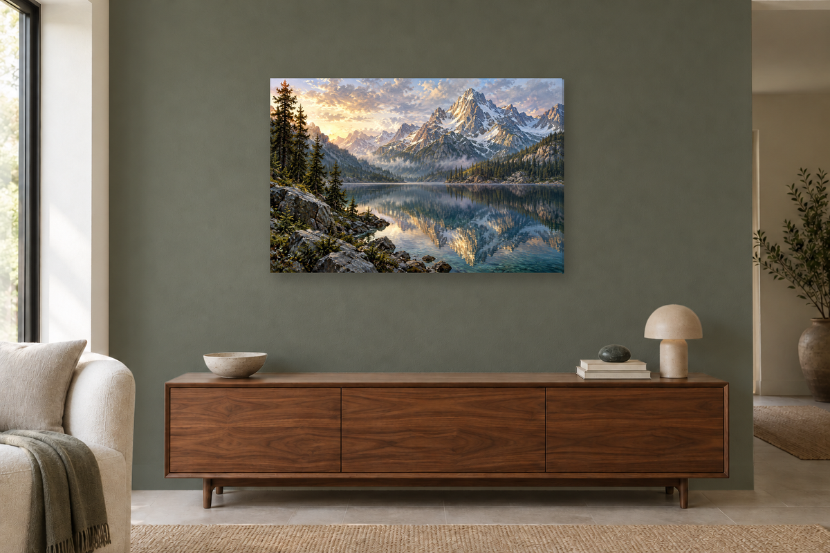 Pine Silence — horizontal canvas in a living room, full original artwork