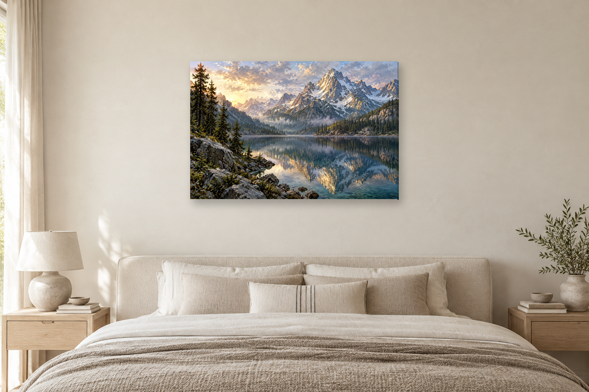 Pine Silence — horizontal canvas in a bedroom, full original artwork