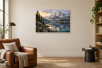 Pine Silence — horizontal canvas in a reading corner, full original artwork