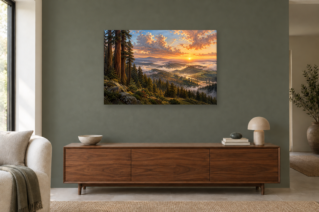 Redwood Dawn — horizontal canvas in a living room, full original artwork