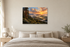 Redwood Dawn — horizontal canvas in a bedroom, full original artwork
