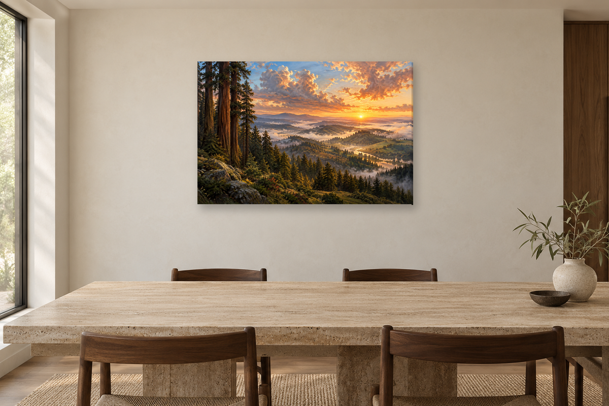 Redwood Dawn — horizontal canvas in a dining room, full original artwork