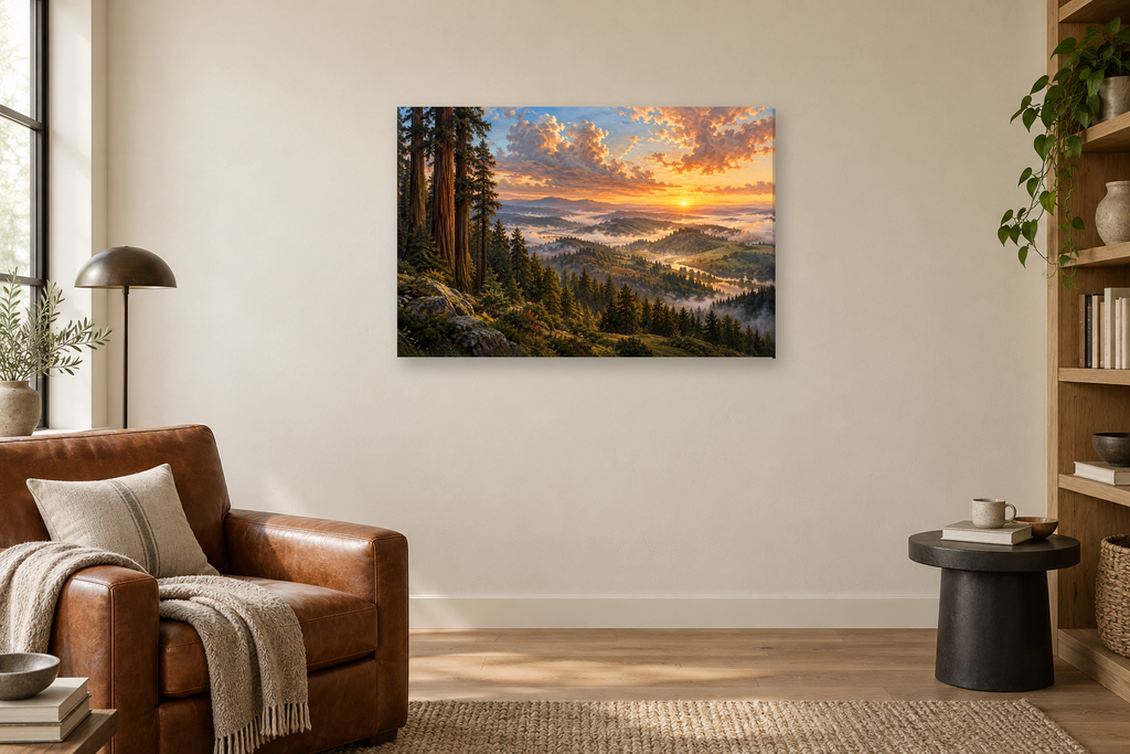 Redwood Dawn — horizontal canvas in a reading corner, full original artwork