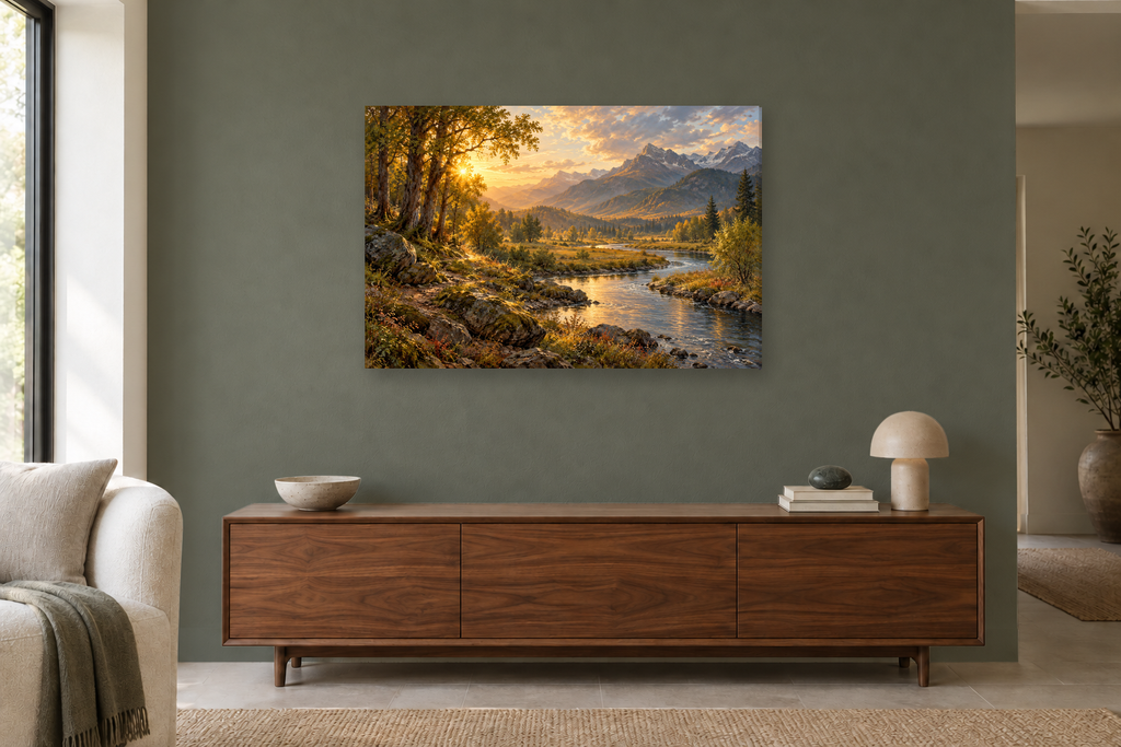 Riverbend Gold — horizontal canvas in a living room, full original artwork
