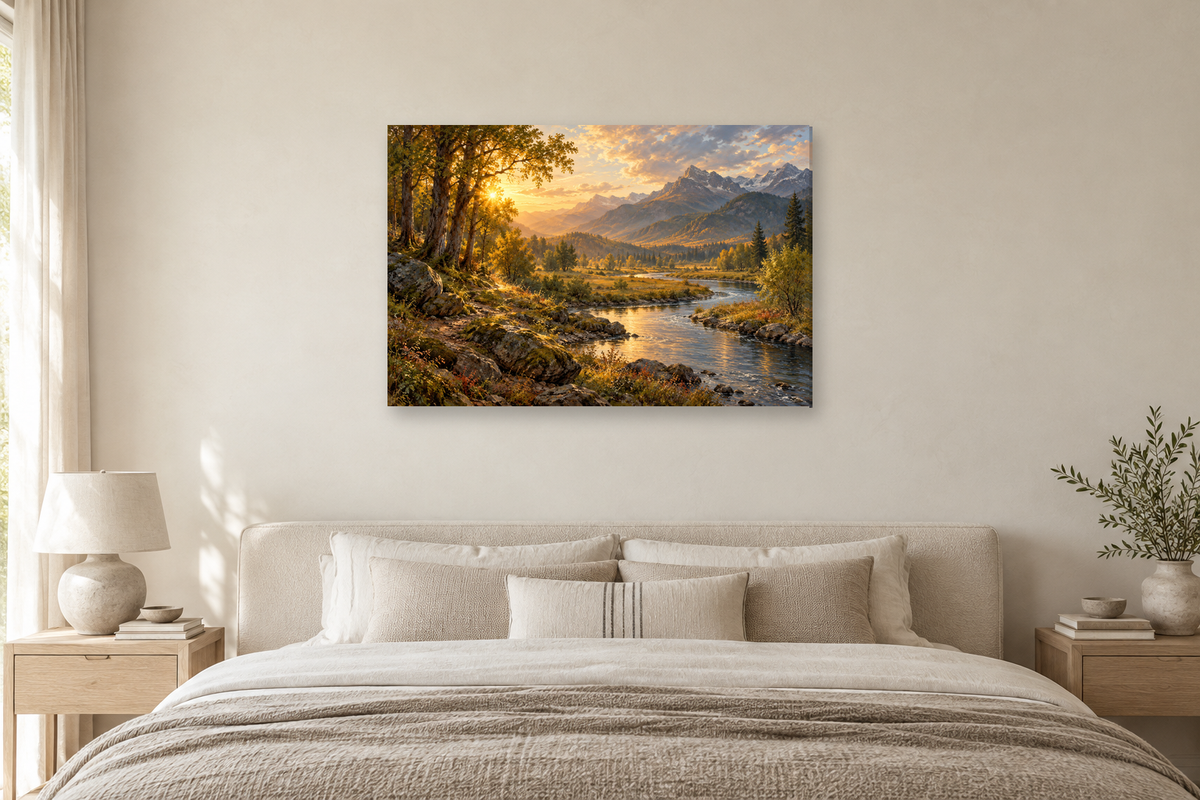 Riverbend Gold — horizontal canvas in a bedroom, full original artwork