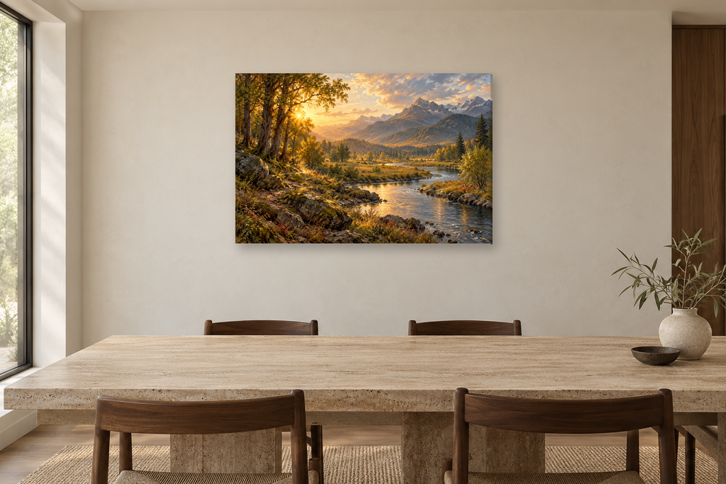 Riverbend Gold — horizontal canvas in a dining room, full original artwork