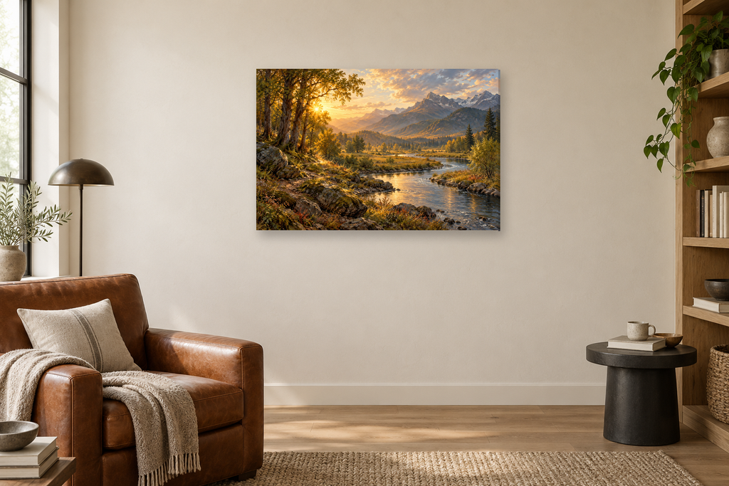 Riverbend Gold — horizontal canvas in a reading corner, full original artwork