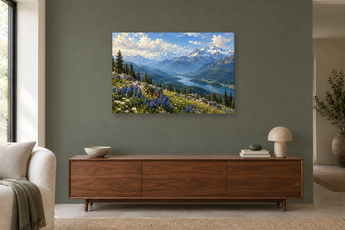 Snowline Blue — horizontal canvas in a living room, full original artwork