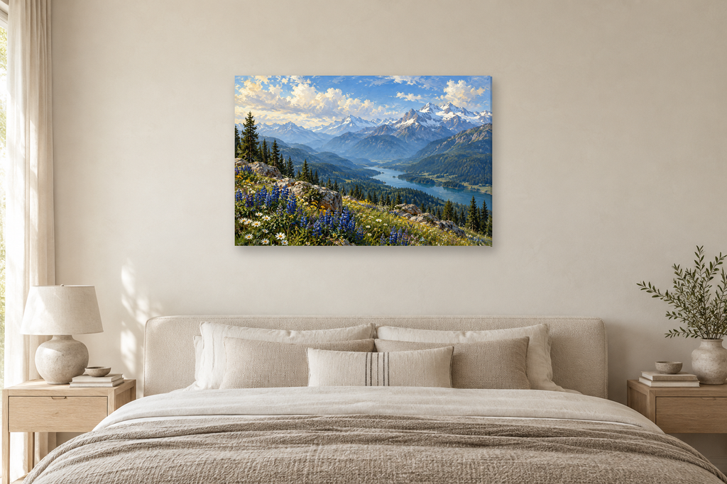 Snowline Blue — horizontal canvas in a bedroom, full original artwork