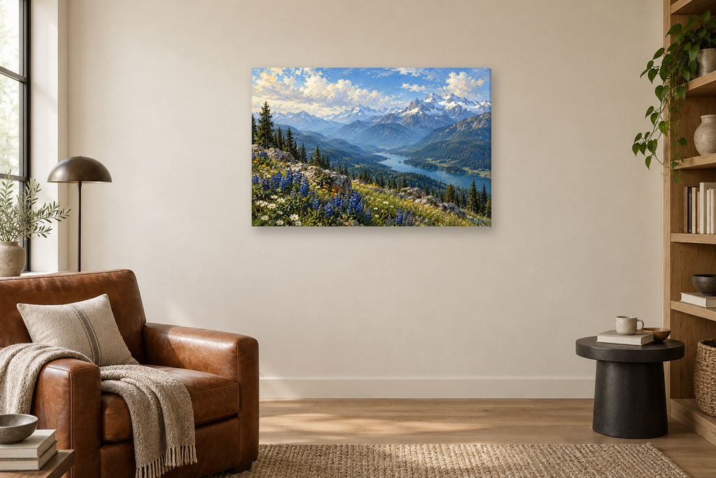 Snowline Blue — horizontal canvas in a reading corner, full original artwork
