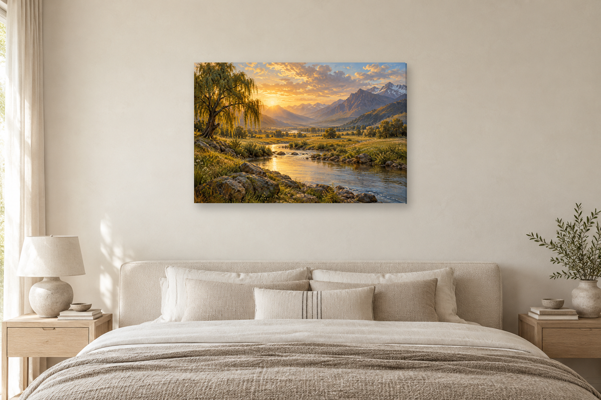 Willow Waters — horizontal canvas in a bedroom, full original artwork