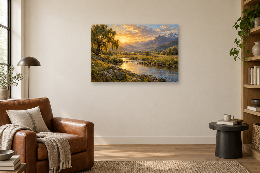 Willow Waters — horizontal canvas in a reading corner, full original artwork