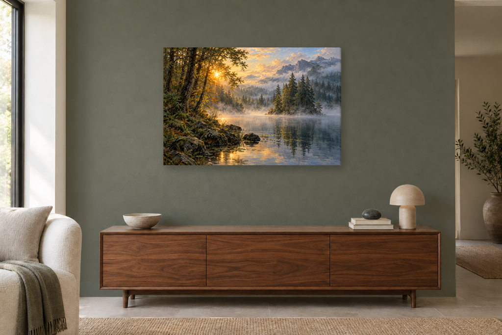 Woodland Sun — horizontal canvas in a living room, full original artwork