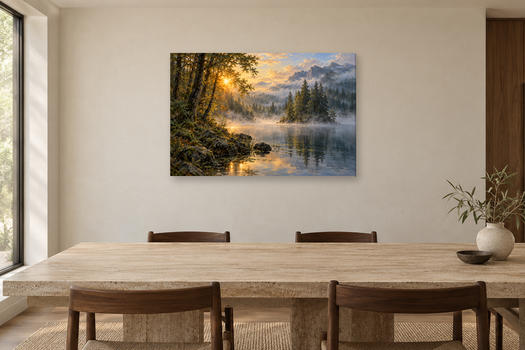 Woodland Sun — horizontal canvas in a dining room, full original artwork