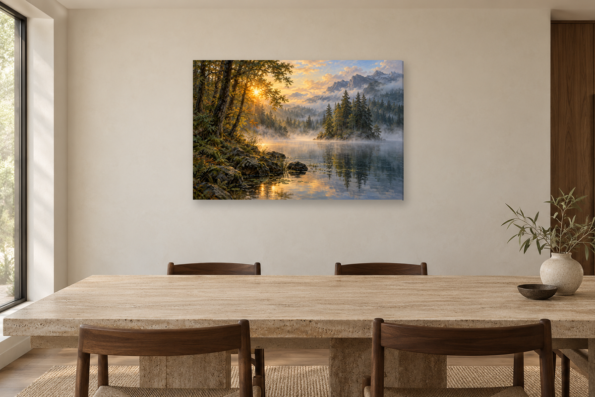 Woodland Sun — horizontal canvas in a dining room, full original artwork