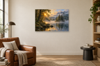 Woodland Sun — horizontal canvas in a reading corner, full original artwork