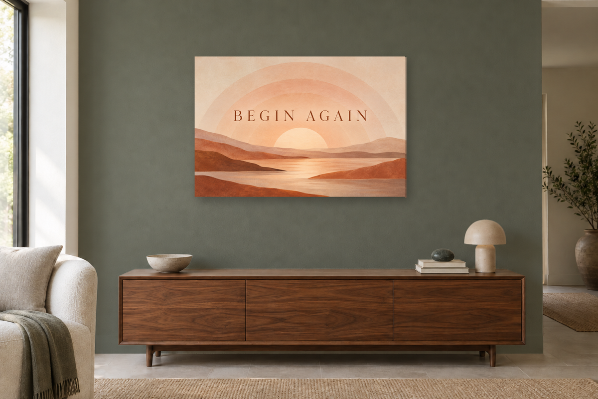 Begin Again — horizontal canvas in a living room, full original artwork