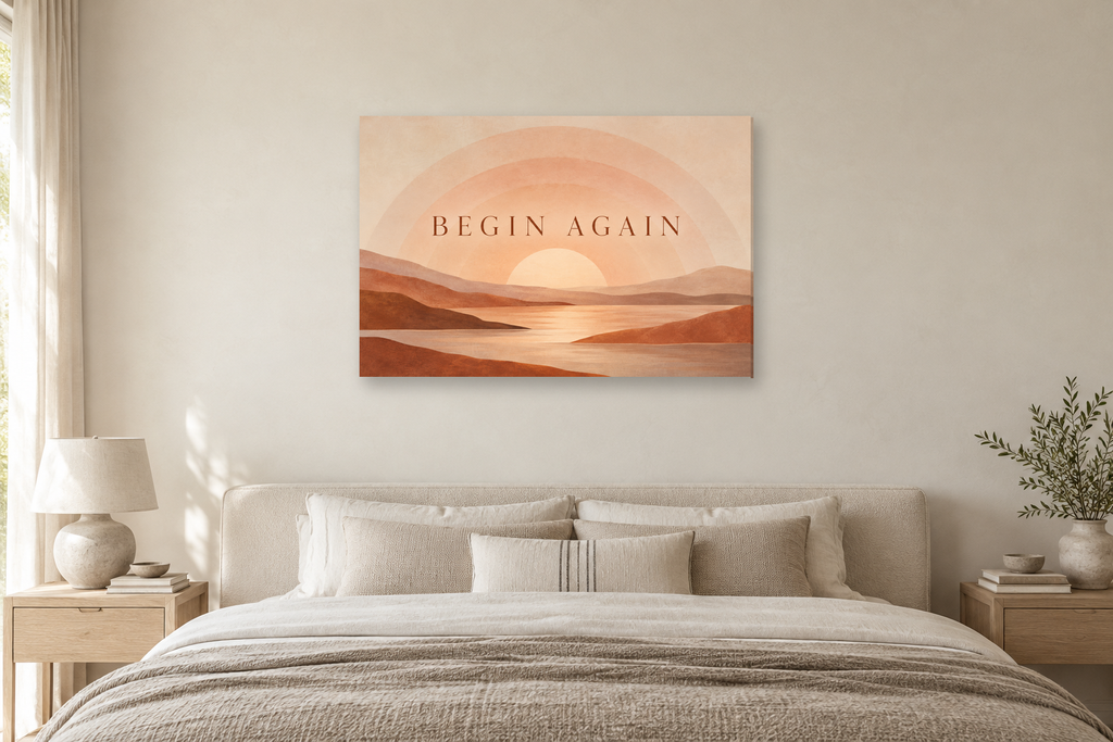 Begin Again — horizontal canvas in a bedroom, full original artwork