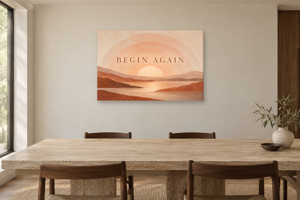 Begin Again — horizontal canvas in a dining room, full original artwork