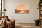 Begin Again — horizontal canvas in a reading corner, full original artwork