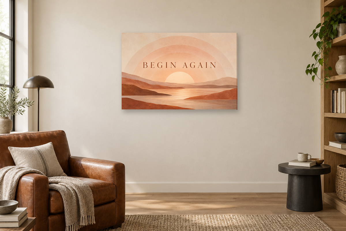 Begin Again — horizontal canvas in a reading corner, full original artwork