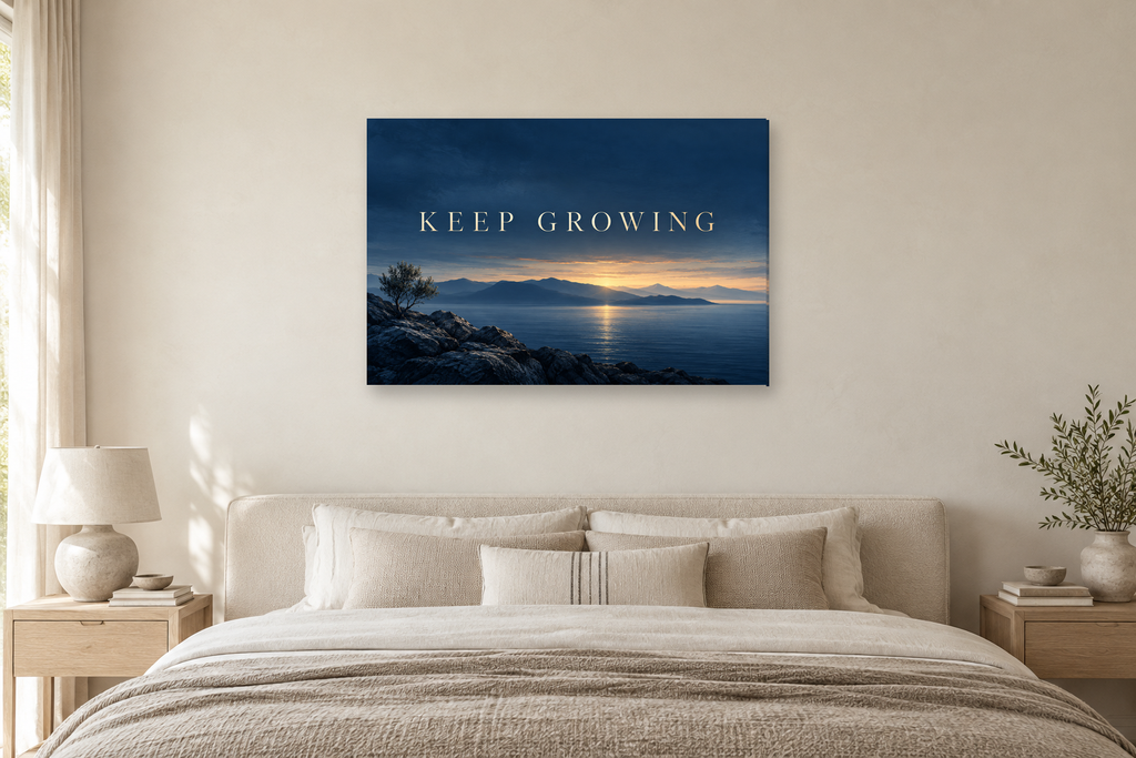 Keep Growing — horizontal canvas in a bedroom, full original artwork