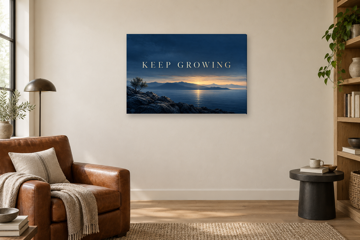 Keep Growing — horizontal canvas in a reading corner, full original artwork