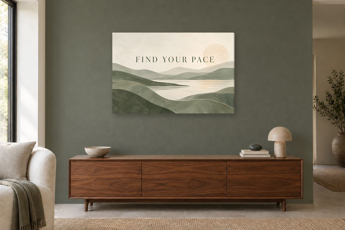Find Your Pace — horizontal canvas in a living room, full original artwork