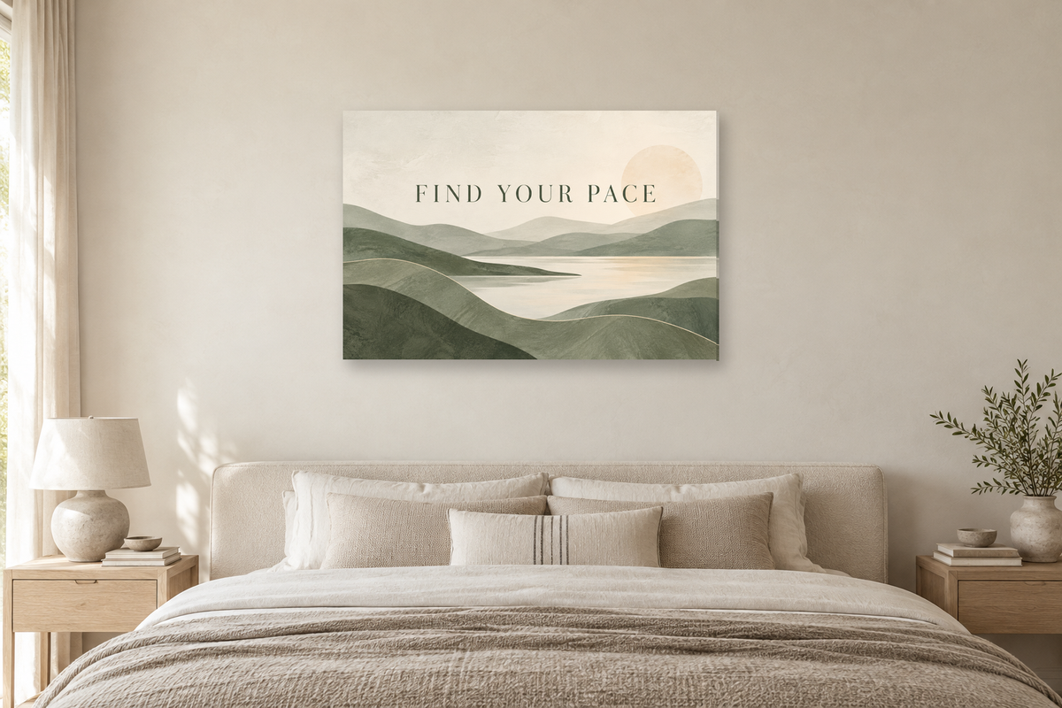 Find Your Pace — horizontal canvas in a bedroom, full original artwork