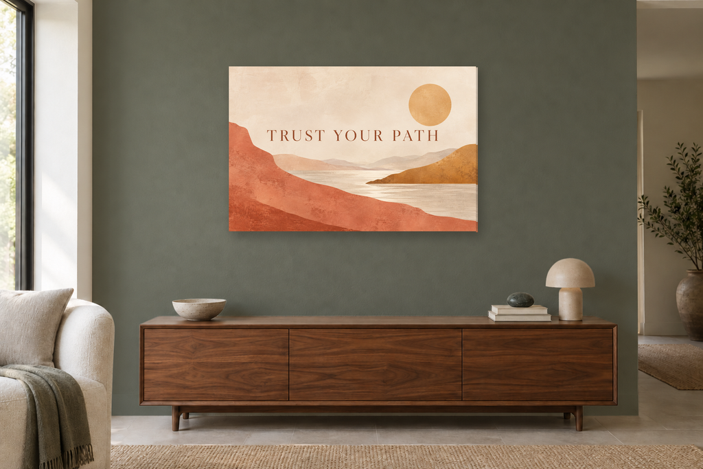 Trust Your Path — horizontal canvas in a living room, full original artwork