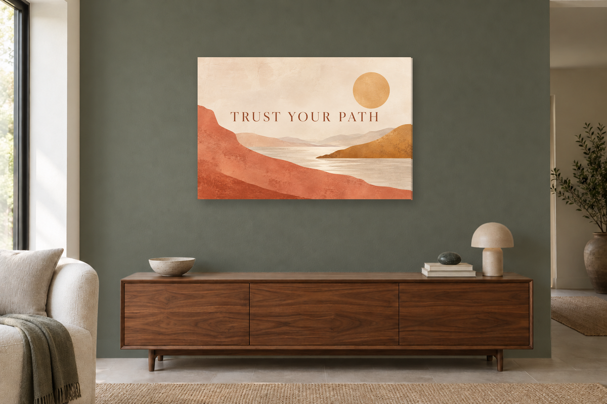Trust Your Path — horizontal canvas in a living room, full original artwork