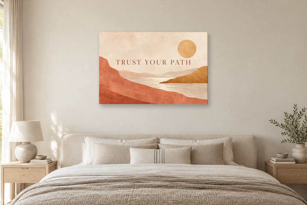 Trust Your Path — horizontal canvas in a bedroom, full original artwork