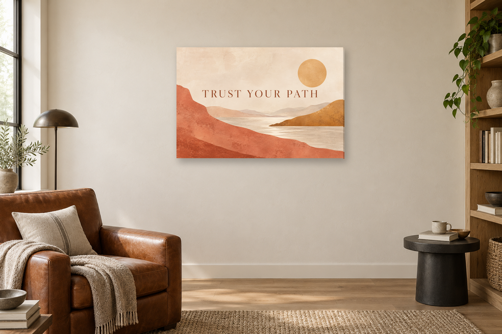 Trust Your Path — horizontal canvas in a reading corner, full original artwork