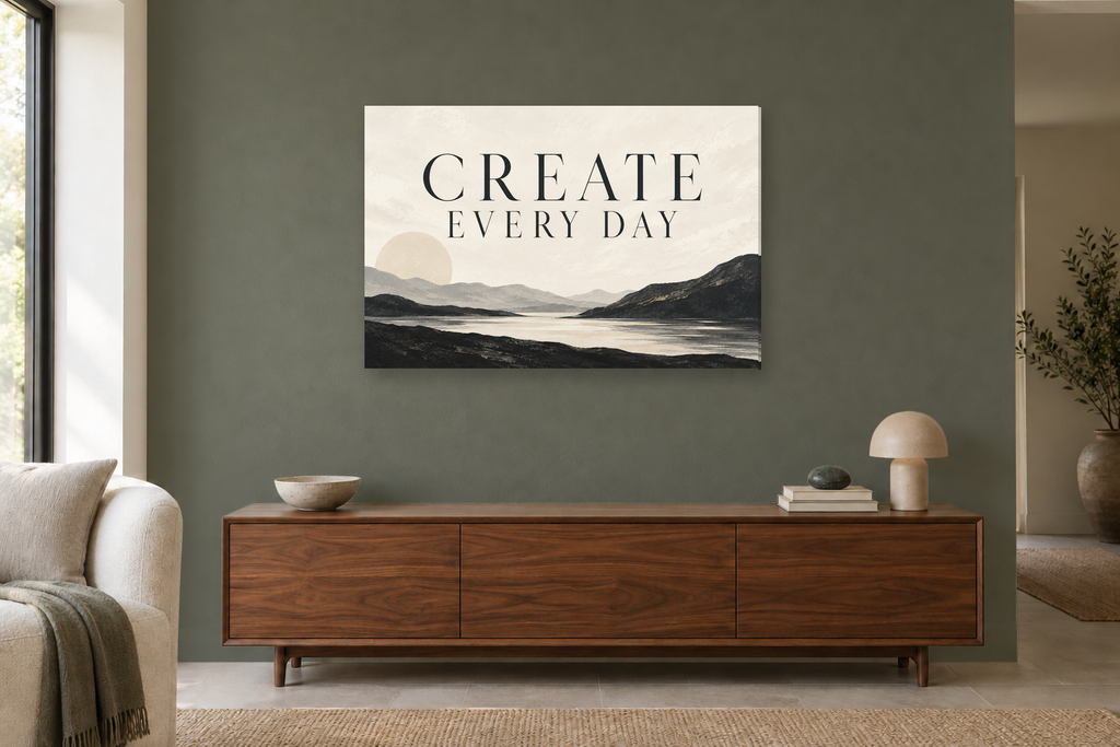 Create Every Day — horizontal canvas in a living room, full original artwork