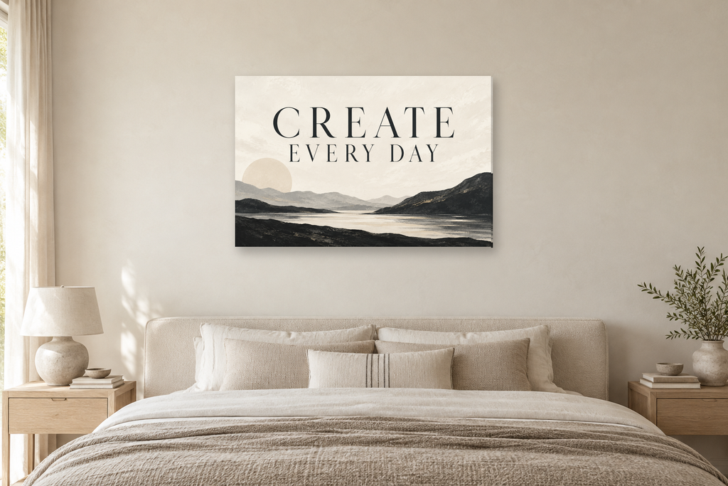 Create Every Day — horizontal canvas in a bedroom, full original artwork