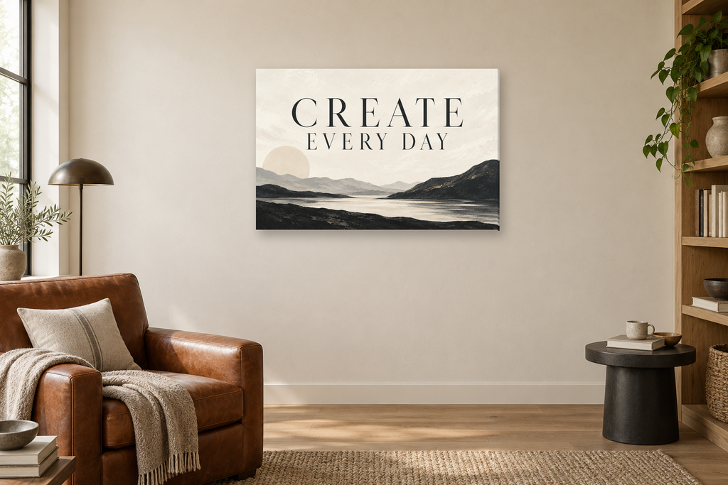 Create Every Day — horizontal canvas in a reading corner, full original artwork