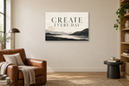 Create Every Day — horizontal canvas in a reading corner, full original artwork
