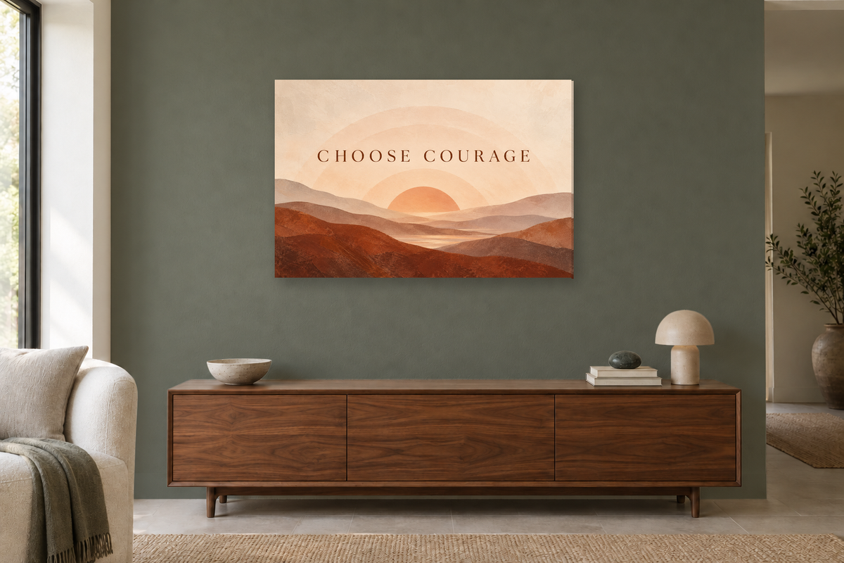 Choose Courage — horizontal canvas in a living room, full original artwork