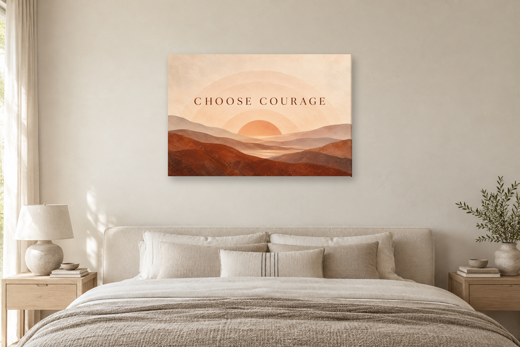 Choose Courage — horizontal canvas in a bedroom, full original artwork