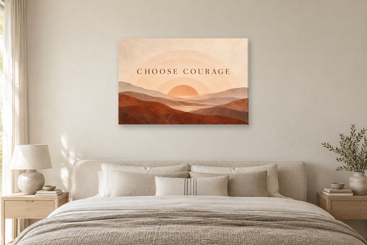 Choose Courage — horizontal canvas in a bedroom, full original artwork