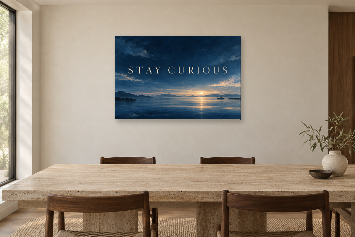 Stay Curious — horizontal canvas in a dining room, full original artwork