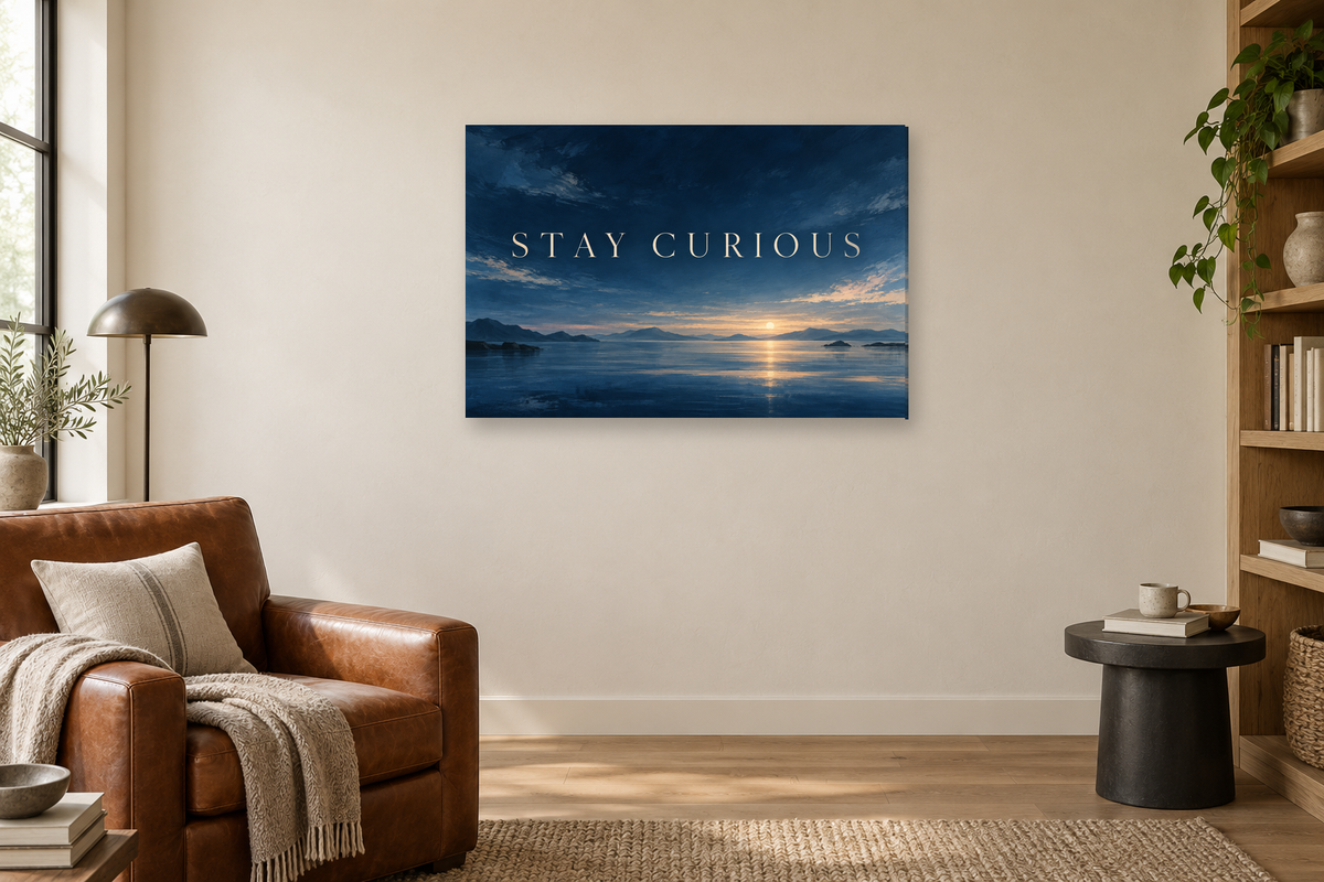Stay Curious — horizontal canvas in a reading corner, full original artwork