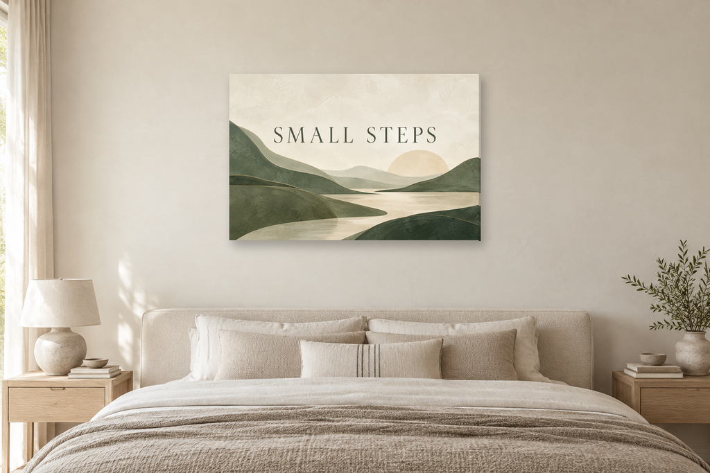 Small Steps — horizontal canvas in a bedroom, full original artwork