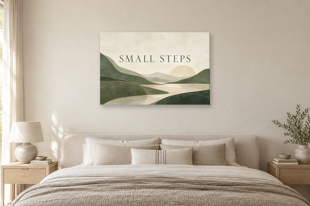 Small Steps — horizontal canvas in a bedroom, full original artwork