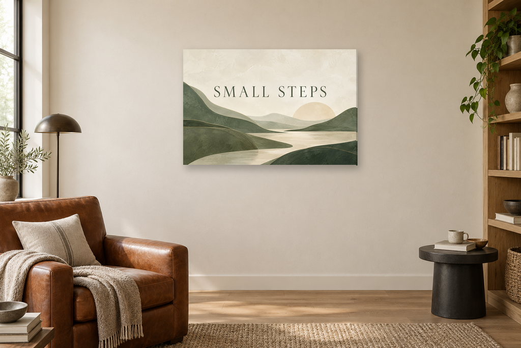 Small Steps — horizontal canvas in a reading corner, full original artwork
