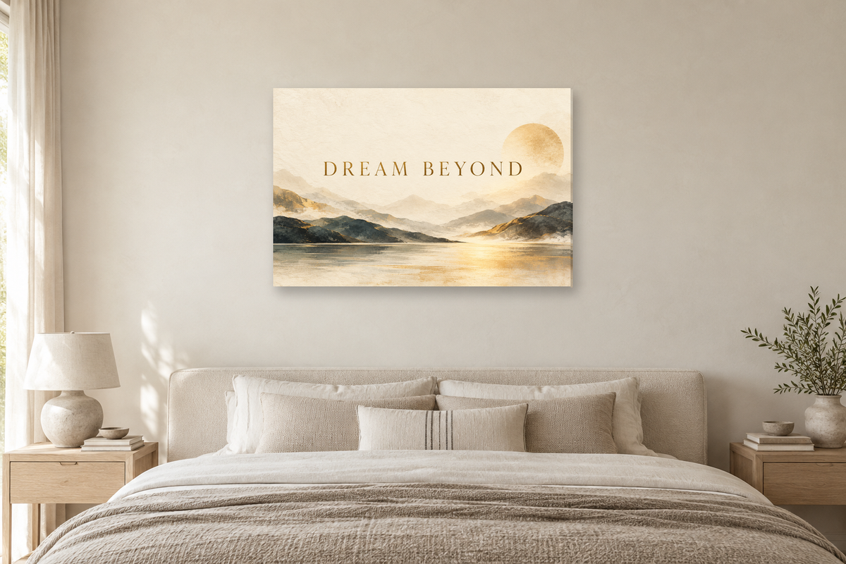 Dream Beyond — horizontal canvas in a bedroom, full original artwork