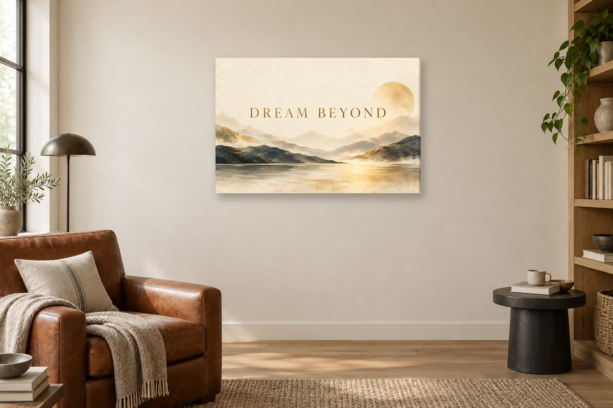 Dream Beyond — horizontal canvas in a reading corner, full original artwork