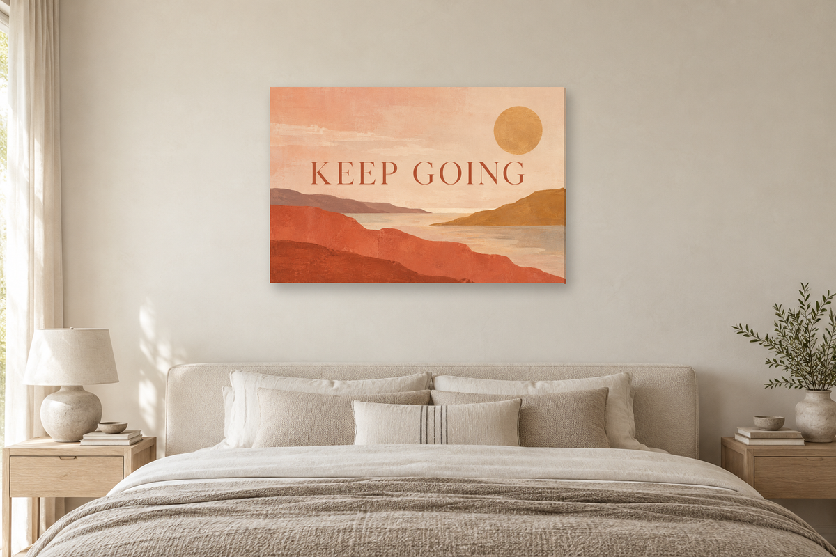 Keep Going — horizontal canvas in a bedroom, full original artwork