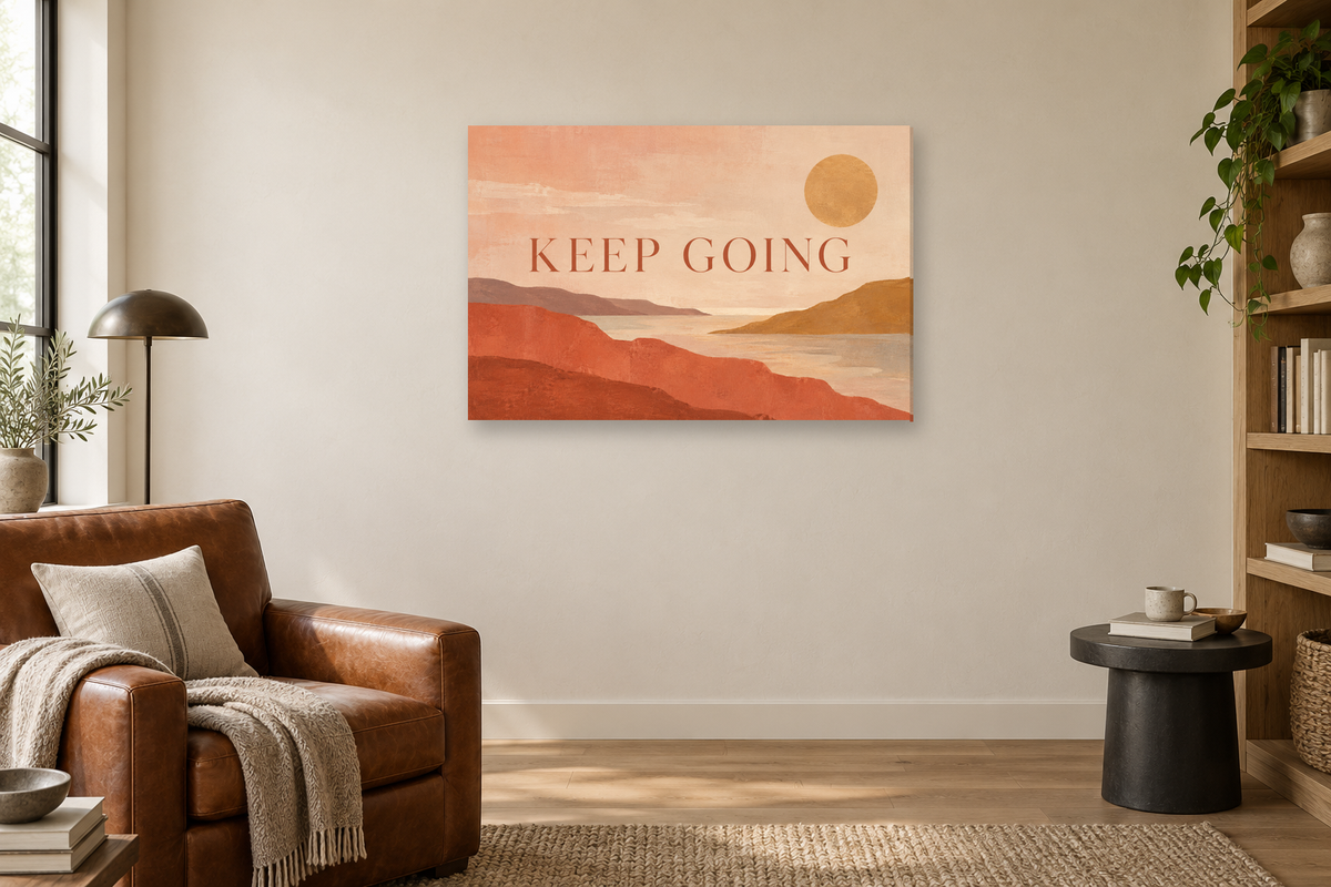 Keep Going — horizontal canvas in a reading corner, full original artwork